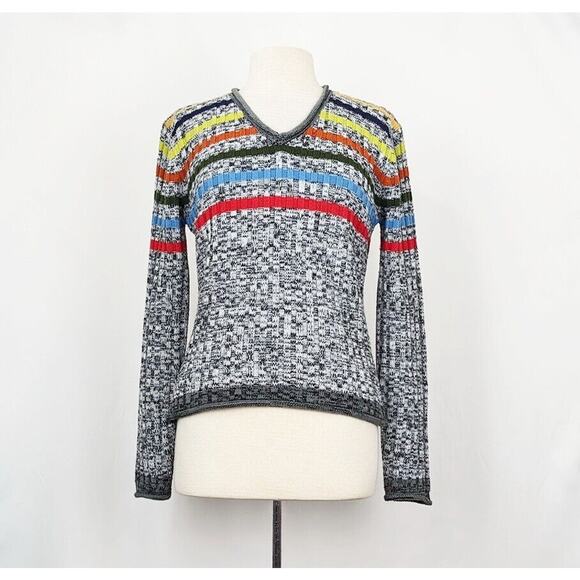 Vintage Y2K Sweater Colorful Stripe Space Dye Knit V-Neck Juniors Size XL - Picture 1 of 6